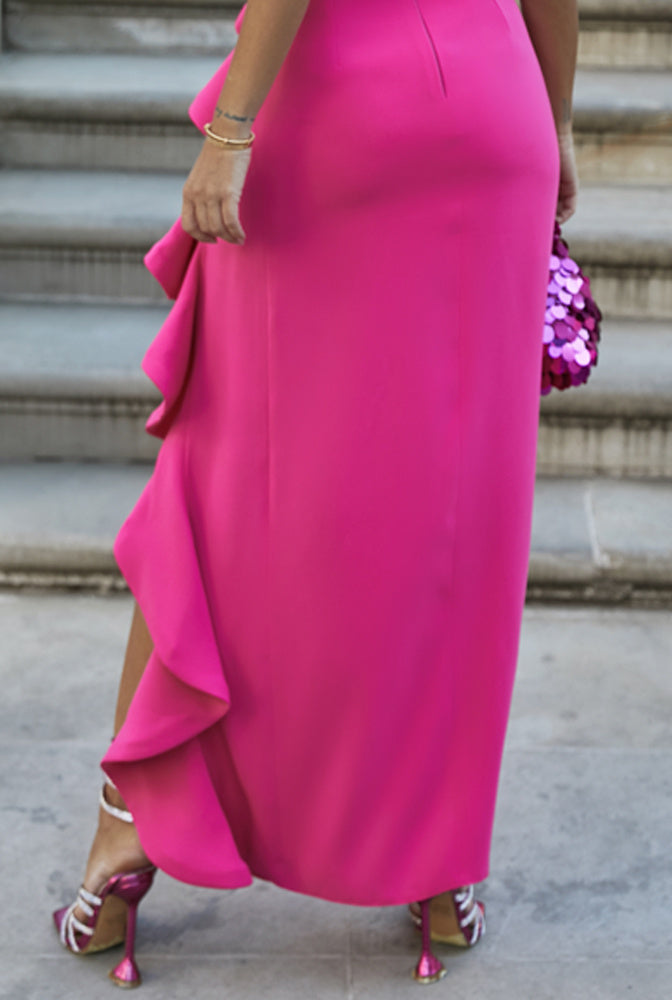 Solid Color Slit Dress With Ruffles In Shoulder